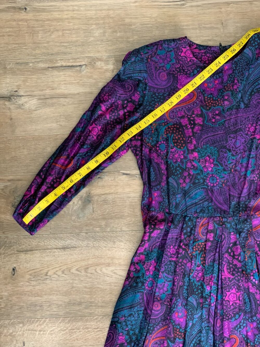 Vintage Paisley Maxi Midi Dress M Purple Pleated Long Puff Sleeve Pockets Modest - Picture 15 of 16